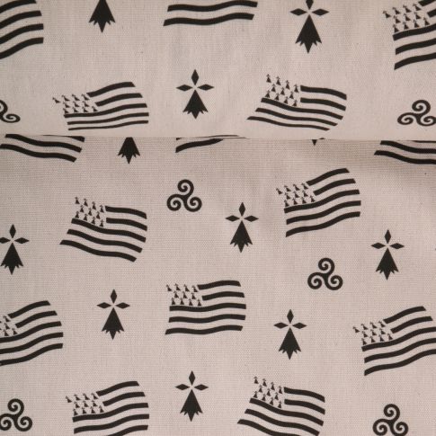 Tissu Toile de Coton aspect lin Symboles Breton sur fond Naturel