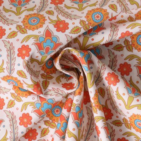 Tissu Coton imprimé indien Kiran sur fond Ecru