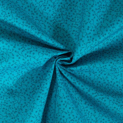 Tissu Coton imprimé Fleuris Lilou sur fond Bleu pétrole
