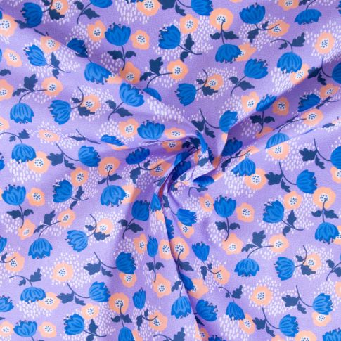 Tissu Coton imprimé Fleuris Jules sur fond Parme