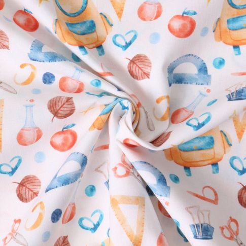Tissu Coton imprimé  Ecolora rentrée des classes sur fond Blanc cassé