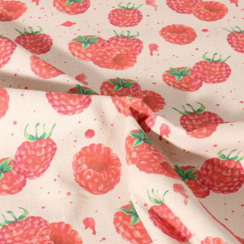 Tissu Toile de Coton aspect Lin Framboises rouges sur fond Naturel