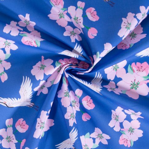 Tissu Coton imprimé Gus fleuris sur fond Bleu roi