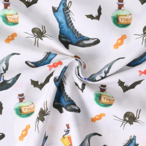 Tissu Coton imprimé  Mystiboots bottes de sorcières Bleu sur fond Blanc