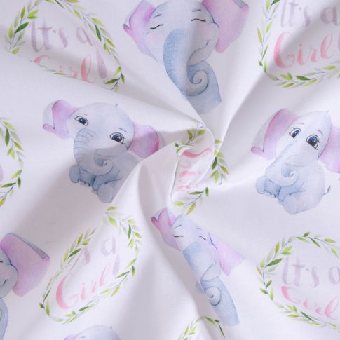 Tissu Coton imprimé It's a Girl sur fond Blanc