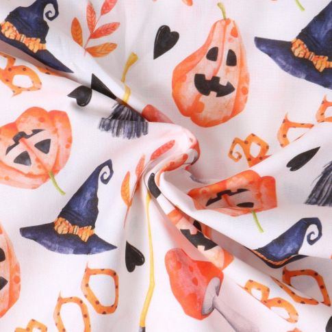Tissu Coton imprimé  Pumpkinou motifs d'halloween sur fond Blanc