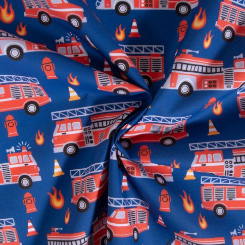 Tissu Coton imprimé Camions de pompiers sur fond Bleu roi