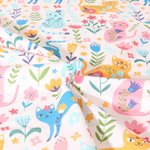 Tissu Coton imprimé Jardin des Chats sur fond Blanc
