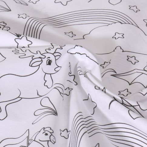 Tissu Coton à colorier Animaux  et étoiles sur fond Blanc