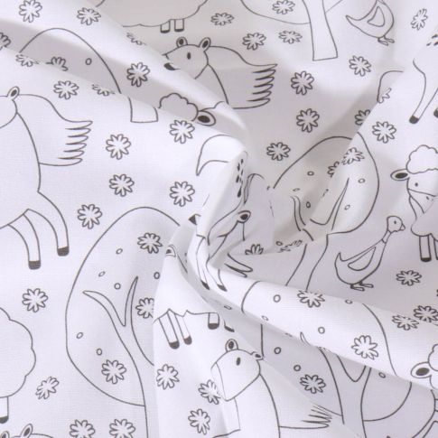 Tissu Coton à colorier Animaux et fleurs sur fond Blanc