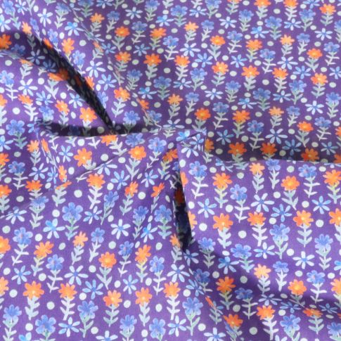 Tissu Popeline de Coton légère Petites fleurs sur fond Lilas
