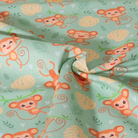 Tissu Coton imprimé Happy animaux sur fond Vert amande
