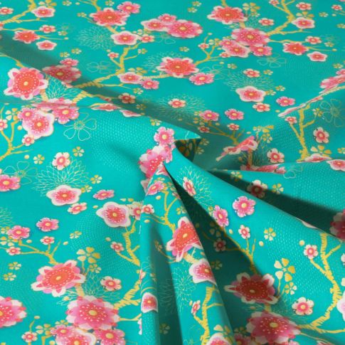 Tissu Coton imprimé Hanami Menthe Fleuris sur fond Bleu turquoise
