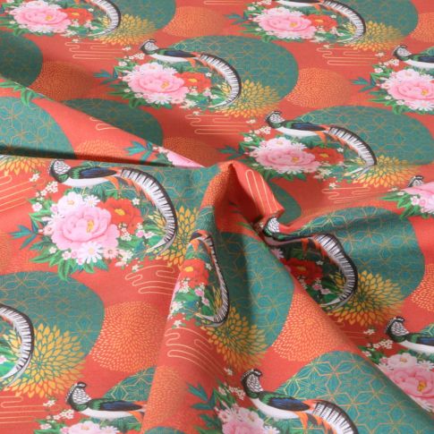 Tissu Coton imprimé Fleurs en panier vert sur fond Corail