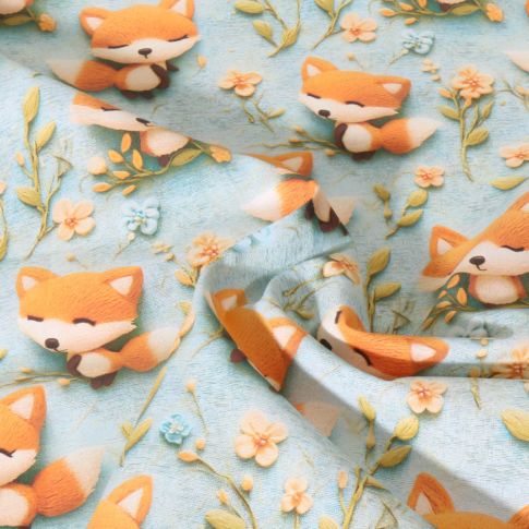 Tissu Coton imprimé digital Happy animaux sur fond Bleu pastel