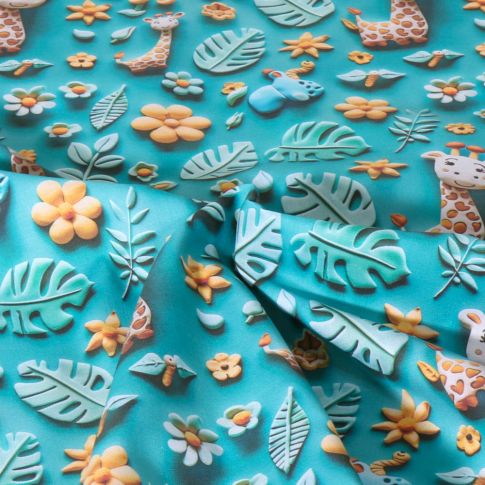 Tissu Coton imprimé digital Jungle Douce animaux sur fond Bleu turquoise