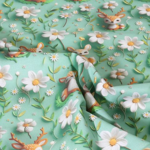 Tissu Coton imprimé digital Happy animaux sur fond Vert amande