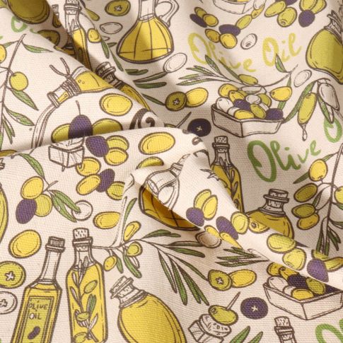Tissu Toile de Coton aspect Lin Huile d'olive sur fond Naturel