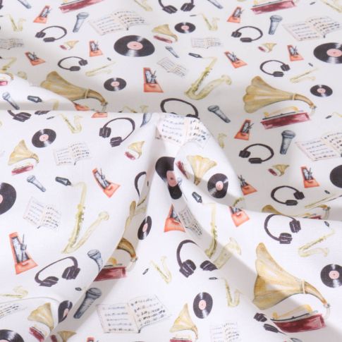 Tissu Coton imprimé Melo instruments musique vintage sur fond Blanc