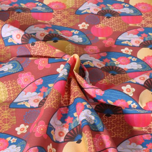 Tissu Coton imprimé Kyoto Festif Fleuris sur fond Bordeaux