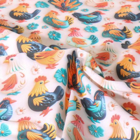 Tissu Coton imprimé digital Poulailler Pop animaux sur fond Rose pâle