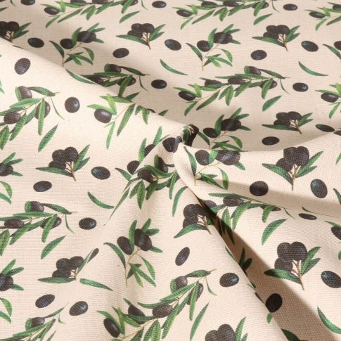 Tissu Toile de Coton aspect Lin Olives sur fond Naturel
