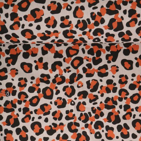 Tissu Toile de Coton aspect lin Léopard orange et noir sur fond Naturel