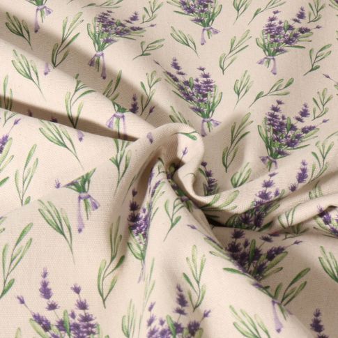 Tissu Toile de Coton aspect Lin Lavande sur fond Naturel