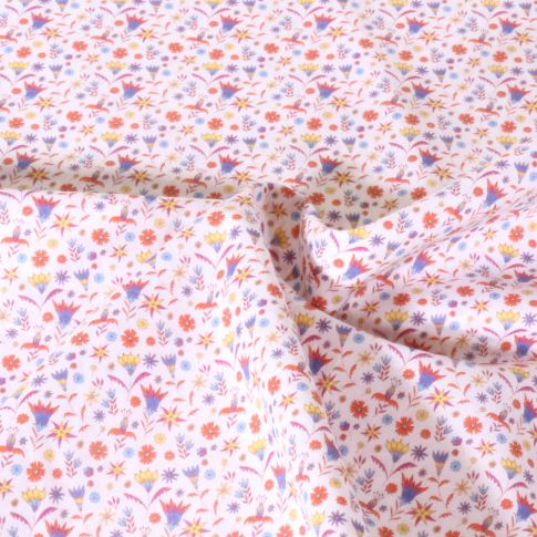 Tissu Popeline de Coton légère Fleuris bleu et jaune sur fond Blanc