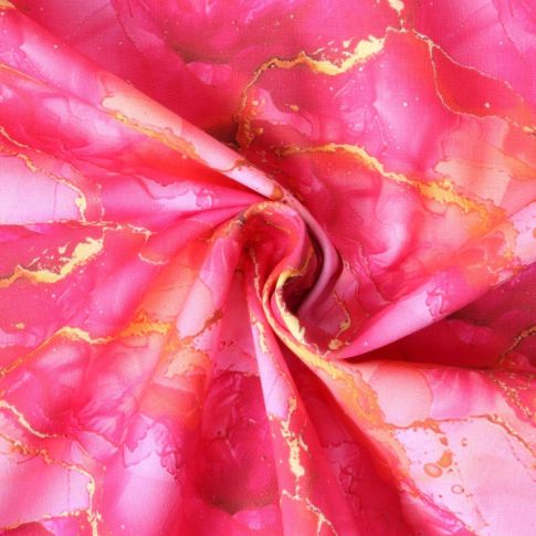 Tissu Coton imprimé  Arya marbrures Dorées sur fond Rose fuchsia