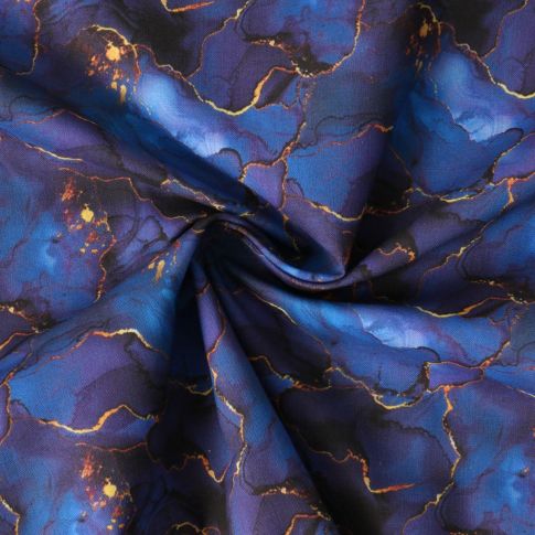 Tissu Coton imprimé  Velkora marbrures Dorées sur fond Bleu roi