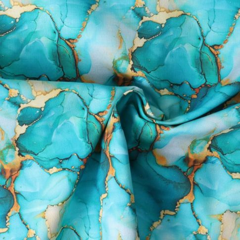 Tissu Coton imprimé  Auralis marbrures Dorées sur fond Bleu turquoise