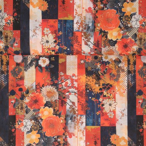Tissu Coton imprimé  Flowers stripes sur fond Orange