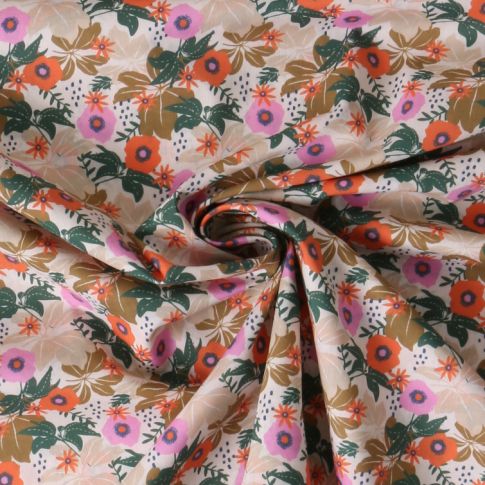 Tissu Voile de Coton fleurs Calista sur fond Beige