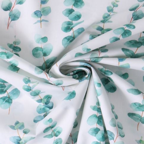 Tissu Voile de Coton feuilles Eucalia Vertes sur fond Blanc