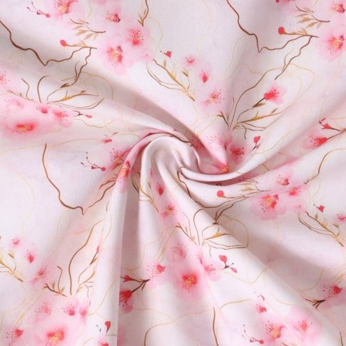 Tissu Coton imprimé  Sakurine fleurs Roses sur fond Rose pâle