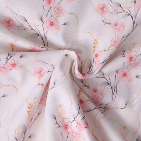 Tissu Coton imprimé  Erine fleurs Rose tendre sur fond Blanc cassé