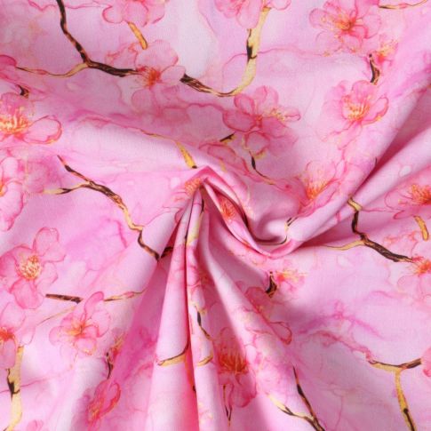 Tissu Coton imprimé  Hanarose fleurs de cerisier Rose vif sur fond Rose clair