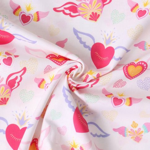 Tissu Coton imprimé  Alya cœurs Fuchsia sur fond Rose clair