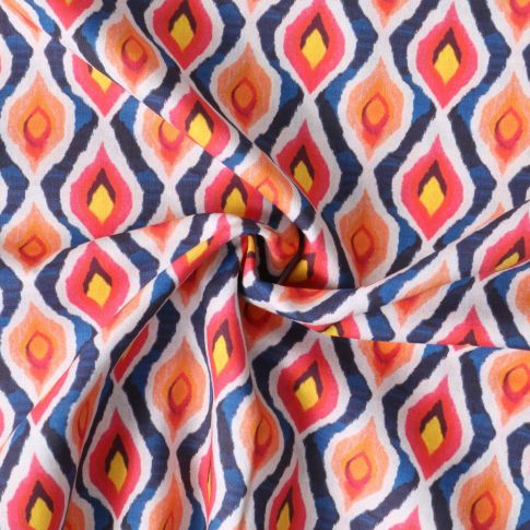 Tissu Coton imprimé  Solkha motifs géométriques Rouges sur fond Bleu marine