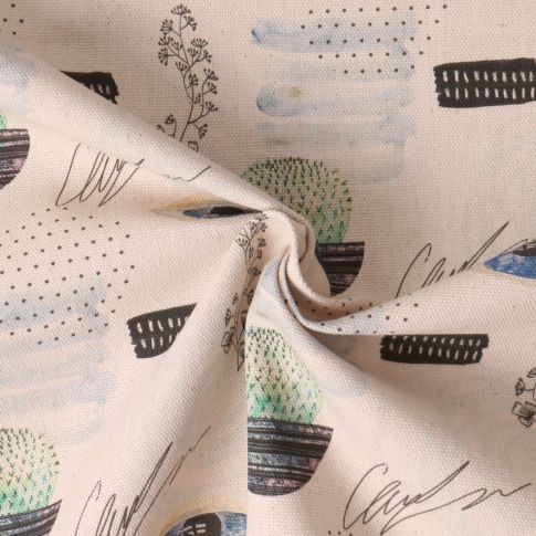 Tissu coton imprimé Tiempo Cactus et oeil sur fond Beige
