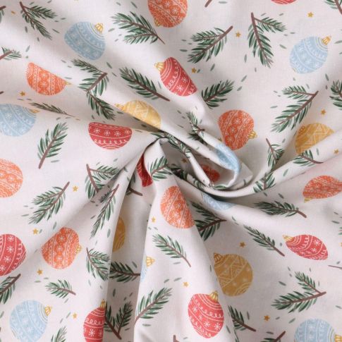 Tissu Coton imprimé  Célestine boules de Noël sur fond Blanc