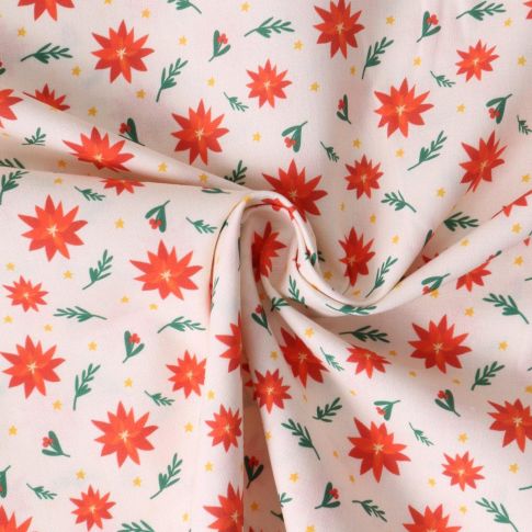 Tissu Coton imprimé Flora fleurs de poinsettia Rouges sur fond Blanc cassé