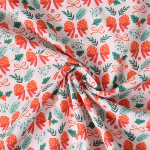 Tissu Coton imprimé Clara ruban de fête Orange sur fond Blanc cassé