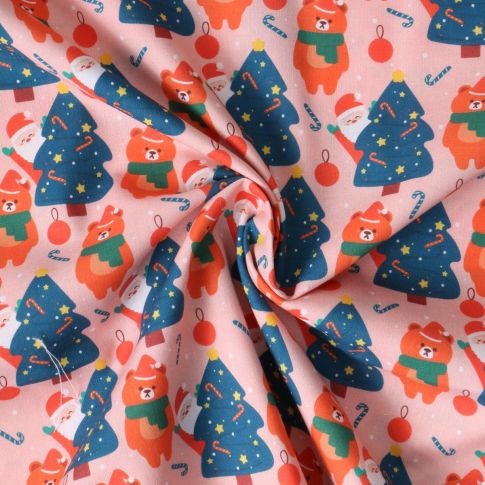 Tissu Coton imprimé  Nayah forêt des oursons sur fond Rose bébé
