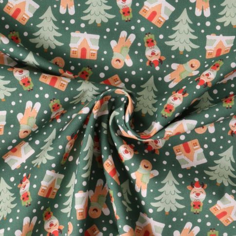 Tissu Coton imprimé  Elwin pain d'épices sur fond Vert épicéa