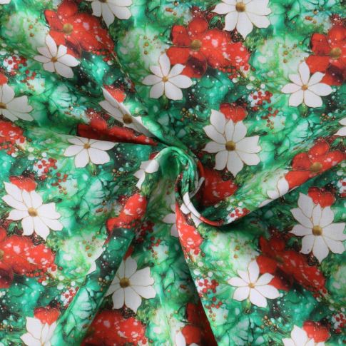 Tissu Coton imprimé  Elvena fleurs de Noël Rouges et blanches sur fond Vert épicéa