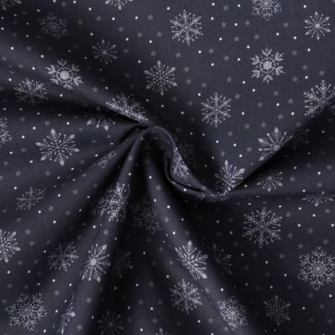 Tissu Coton imprimé Elia flocons argentés sur fond Bleu marine