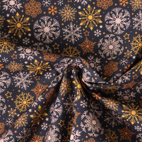 Tissu Coton imprimé Aurélia flocons de neige sur fond Bleu marine