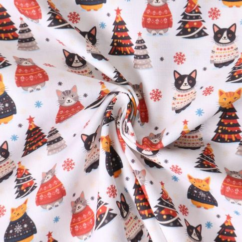 Tissu Coton imprimé  Chatpin Noël sur fond Blanc